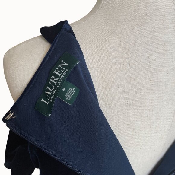 Ralph Lauren Blue Stretch Velvet Off Shoulder Midi Sheath Cocktail Dress Size 8 - Picture 5 of 11